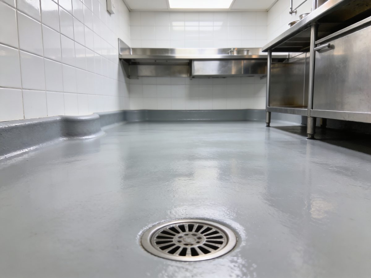 A commercial kitchen floor in seamless urethane cement with a coved base and a floor drain