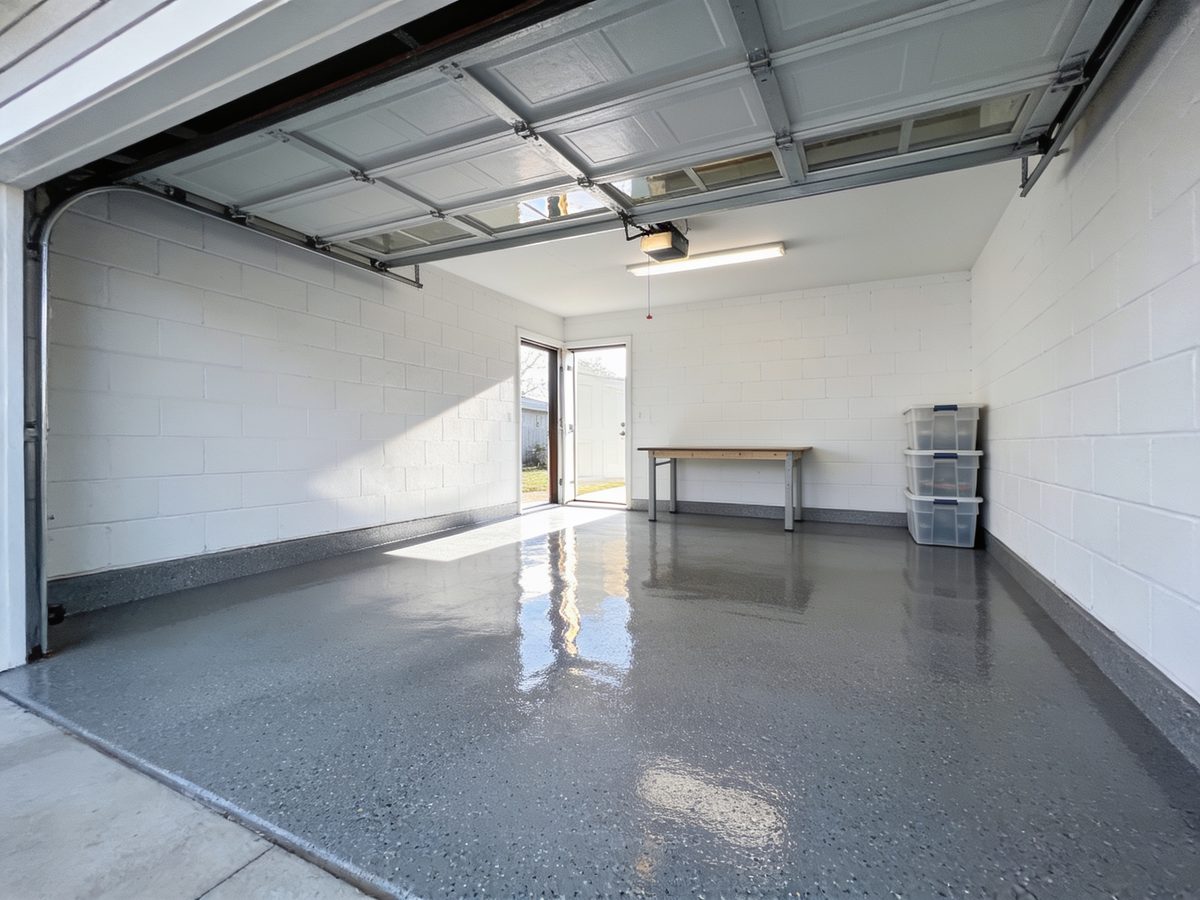 A single-bay garage with a pewter full-flake floor coating reflecting the open overhead door
