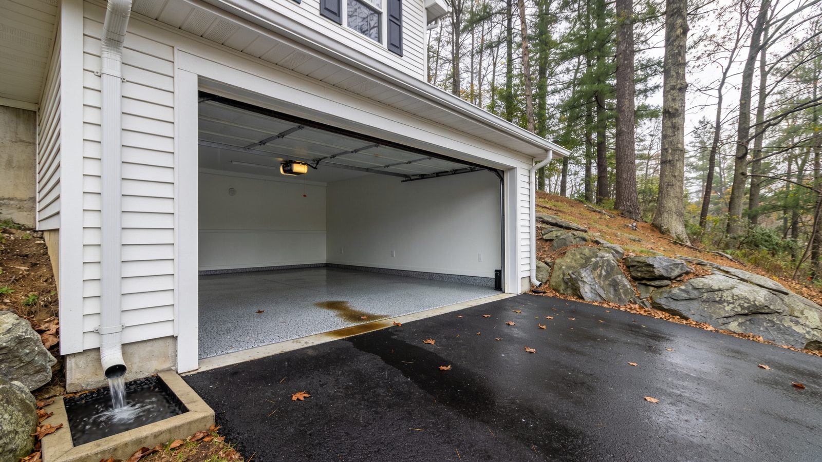 A hillside garage with the overhead door open, a downspout discharging onto a wet driveway apron