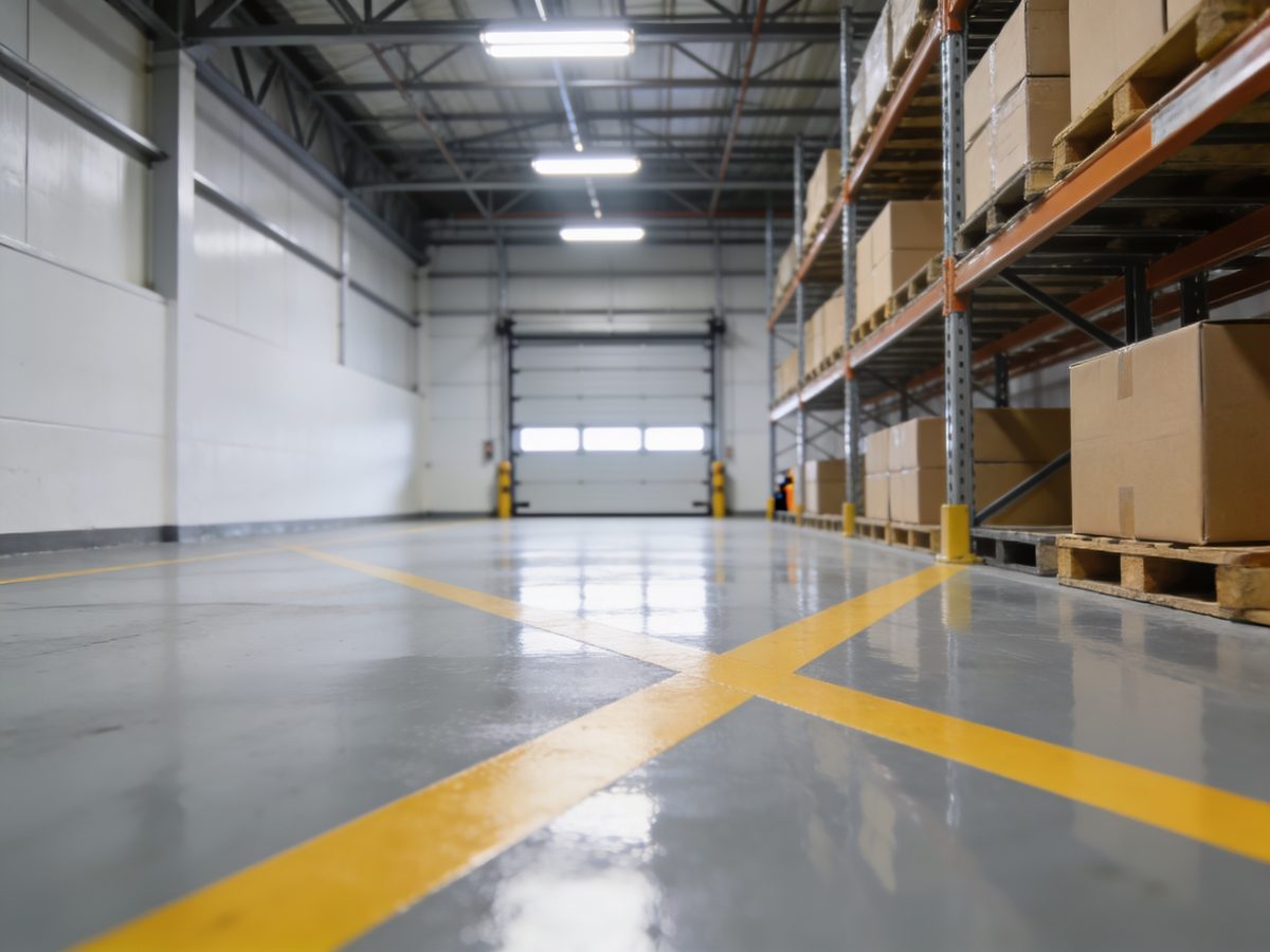 A warehouse bay with a high-build epoxy floor and yellow safety lane striping
