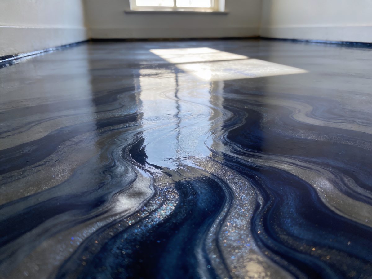 A metallic epoxy floor in navy and pewter pigments under a high-gloss topcoat