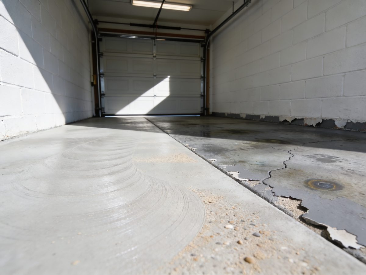 A garage slab part way through diamond grinding, freshly ground concrete beside old stained and cracked concrete